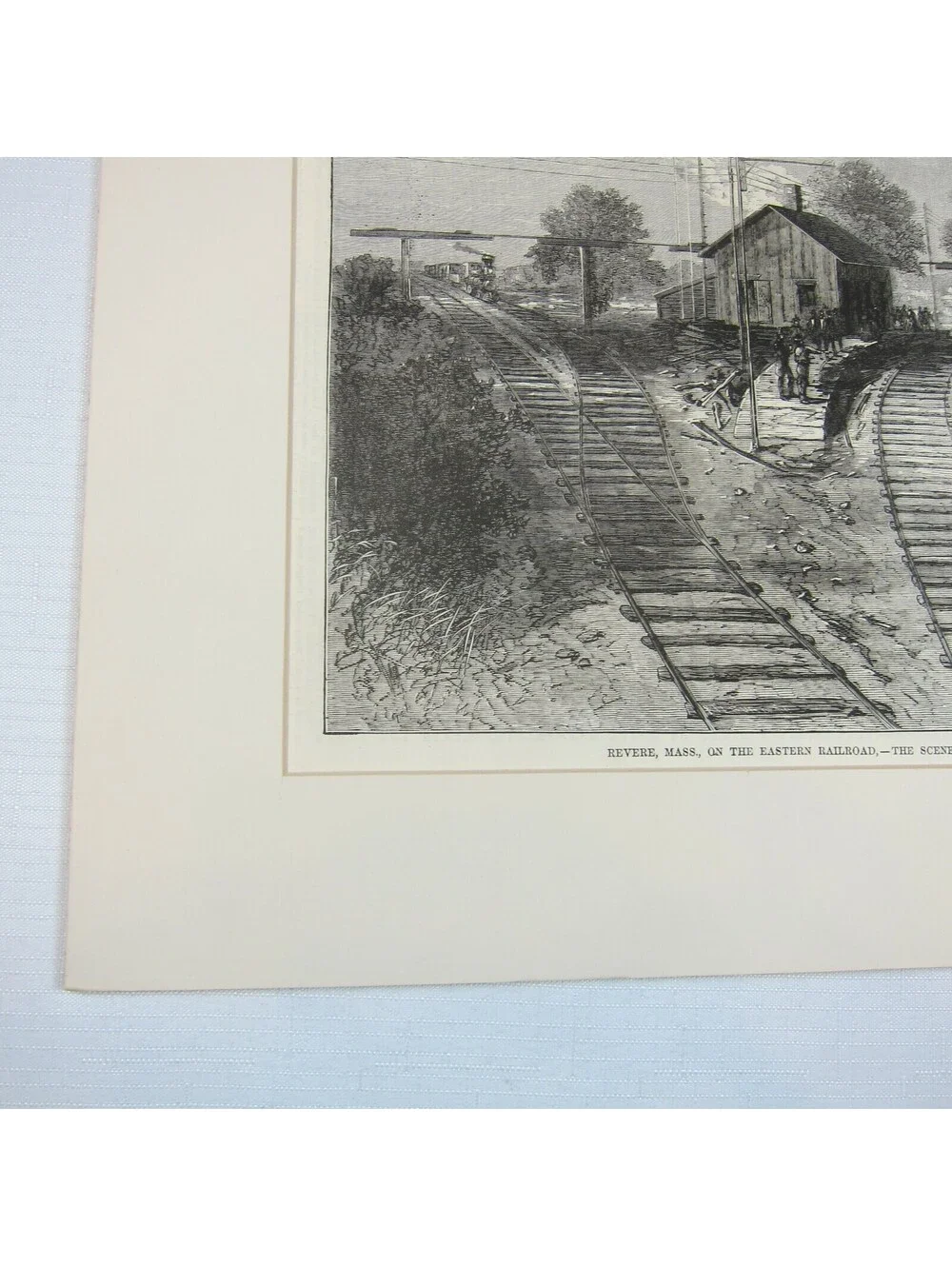 Antique 1871 Wood Engraved Print Revere Massachusetts Railroad Train Wreck Scene